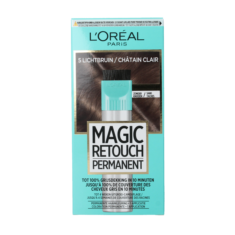 Magic Retouch permanent hair coloring in shade 5 lichtbruin, bottle with applicator, for root touch-up and hair color enhancement.