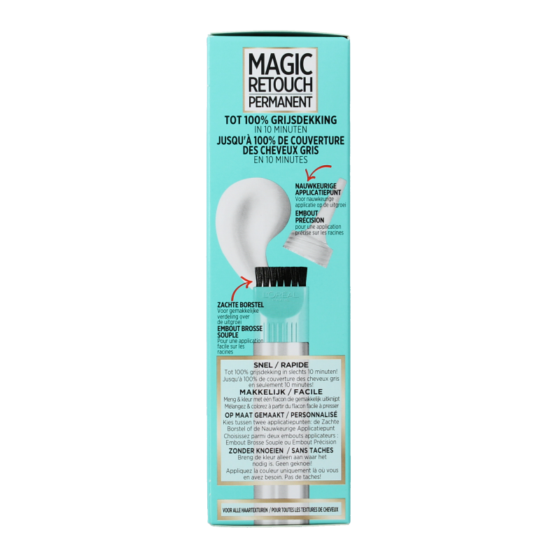 Magic Retouch permanent hair coloring in shade 5 light brown, showing the hair color application and product packaging.