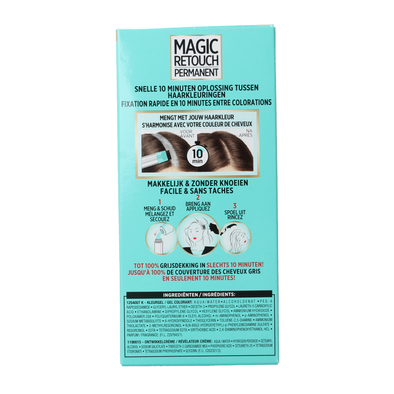 Magic Retouch permanent hair dye in shade 5 light brown, 1.00, shown in a bottle with hair color application.