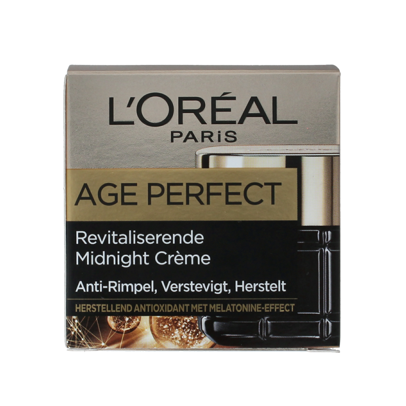 L'Oreal Paris Age Perfect Midnight Creme 50ml jar, facial skincare product with a dark blue lid and elegant packaging.