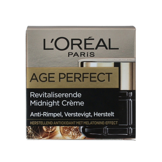 L'Oreal Paris Age Perfect Midnight Creme 50ml jar, facial skincare product with a dark blue lid and elegant packaging.