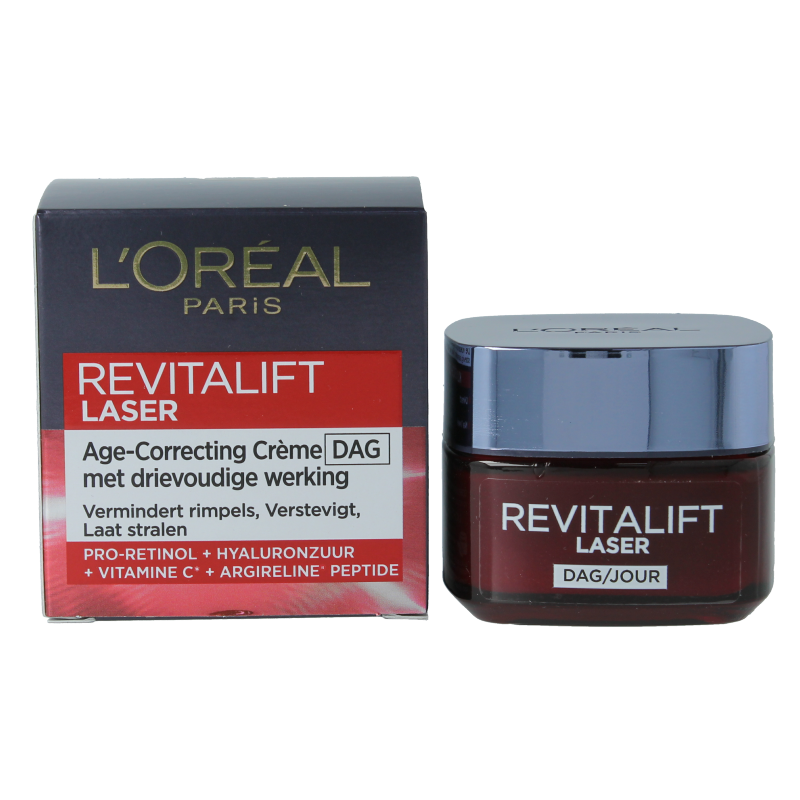 L'Oreal Paris Revitalift Laser X3 face cream in 50ml jar, skincare product for anti-aging and skin revitalization.