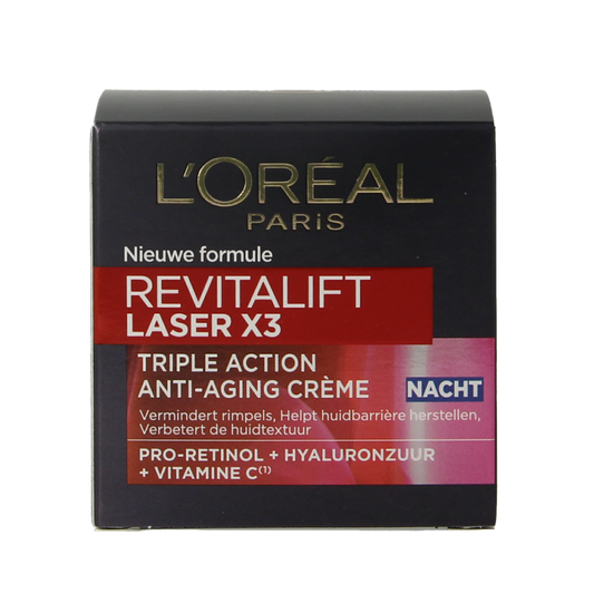 L'Oreal Paris Revitalift Laser X3 night cream in 50ml jar, facial skincare product with a white and purple packaging design
