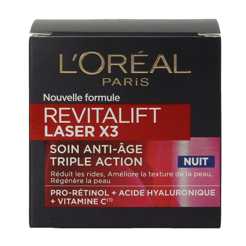 L'Oreal Paris Revitalift Laser X3 nachtcreme 50ml, facial skincare cream in a jar with a white lid and sleek packaging.