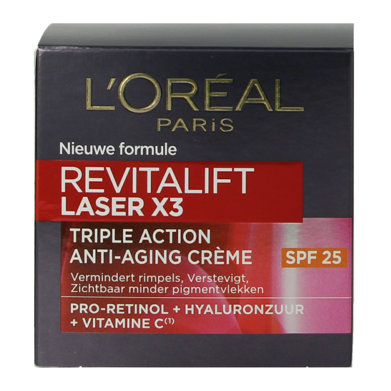 L'Oreal Paris Revitalift Laser X3 day cream with SPF25, 50ml, facial skincare product in a white jar with a silver lid.