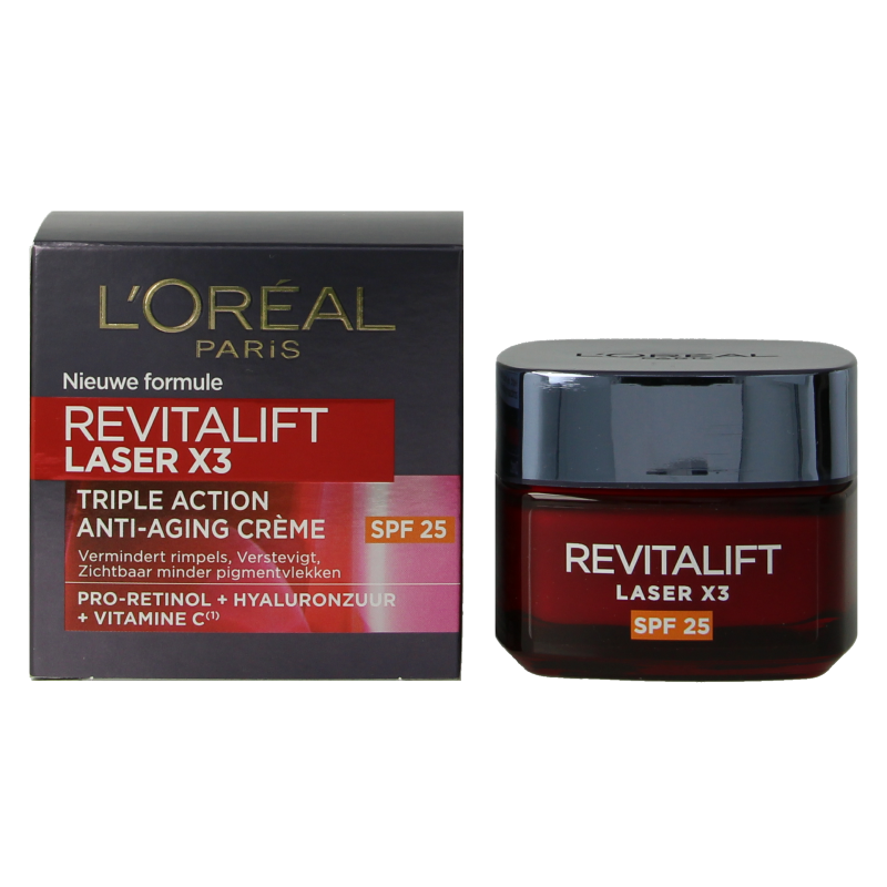 L'Oreal Paris Revitalift Laser X3 facial day cream SPF25 in 50ml jar, designed for anti-aging skincare.
