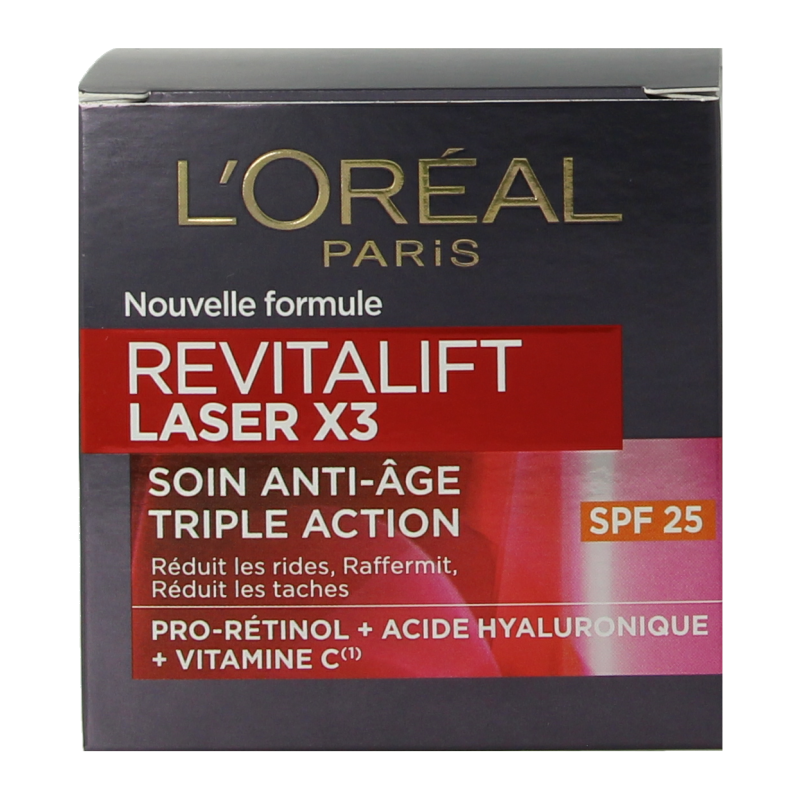 L'Oreal Paris Revitalift Laser X3 facial cream SPF 25 in 50ml jar, hydrating anti-aging skincare product for face.