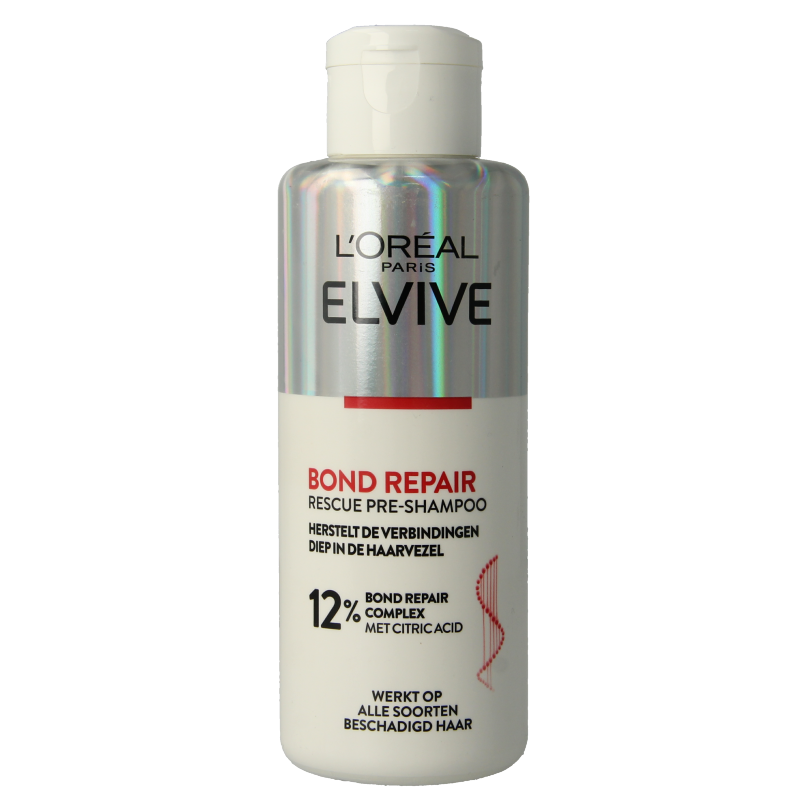 Elvive Pre-shampoo bond repair hair treatment bottle, 200ml, in a sleek container, used for hair strengthening and damage repair.