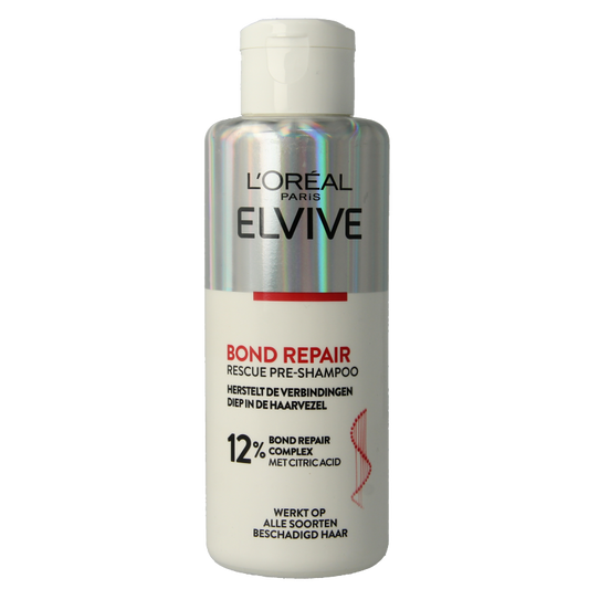 Elvive Pre-shampoo bond repair hair treatment bottle, 200ml, in a sleek container, used for hair strengthening and damage repair.