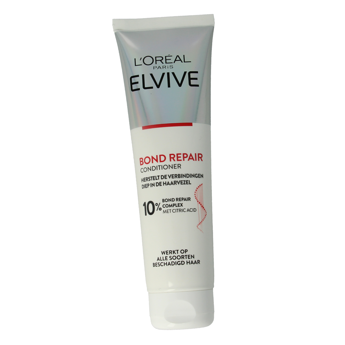 Elvive Bond Repair Conditioner 150ml, hair care product with creamy texture, in a white bottle with purple accents.