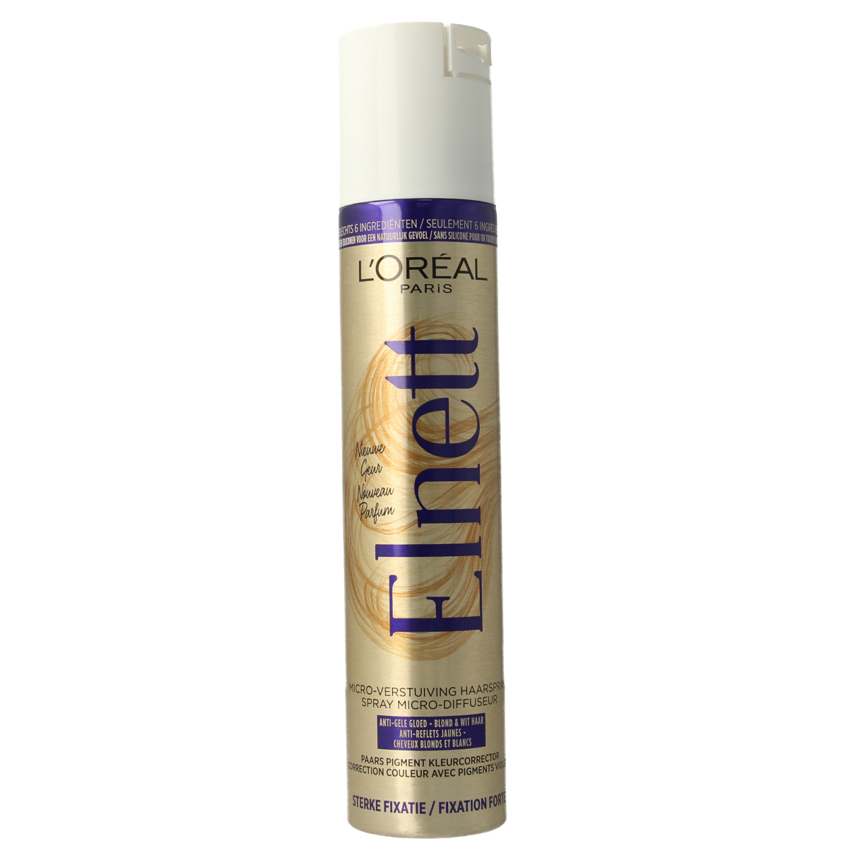 Elnett Purple hairspray with strong hold in 200ml spray bottle, ideal for long-lasting hair styling and fixation.