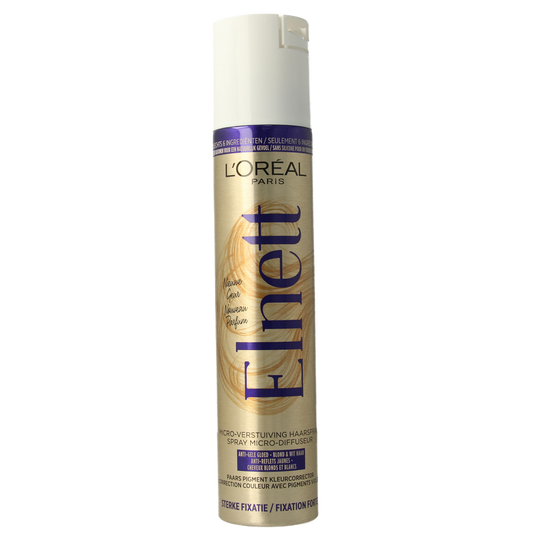 Elnett Purple hairspray with strong hold in 200ml spray bottle, ideal for long-lasting hair styling and fixation.