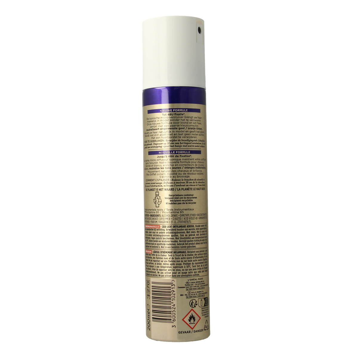 Elnett Purple hairspray strong hold, 200ml, in a silver and purple aerosol can for hair styling and firm fixation.