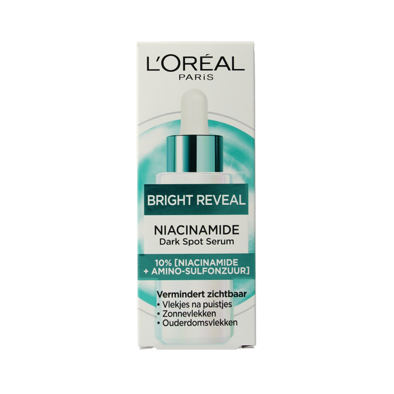 L'Oreal Paris Bright Reveal dark spot serum in a 30ml bottle, facial skincare product for brightening and evening skin tone.