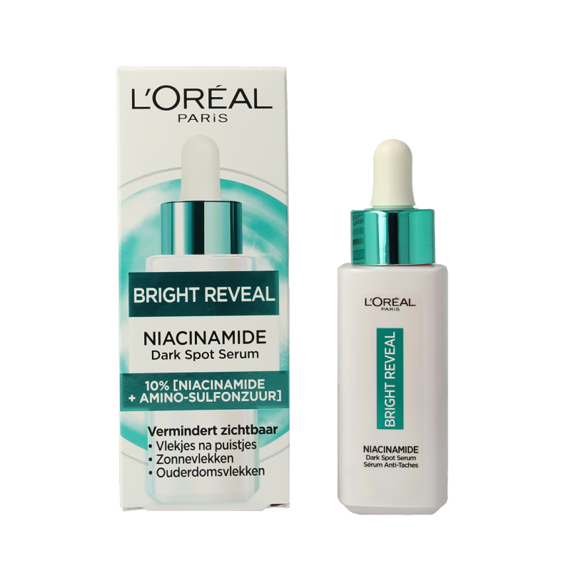 L'Oreal Paris Bright Reveal dark spot serum 30ml bottle, facial skincare product with a sleek blue and white design.