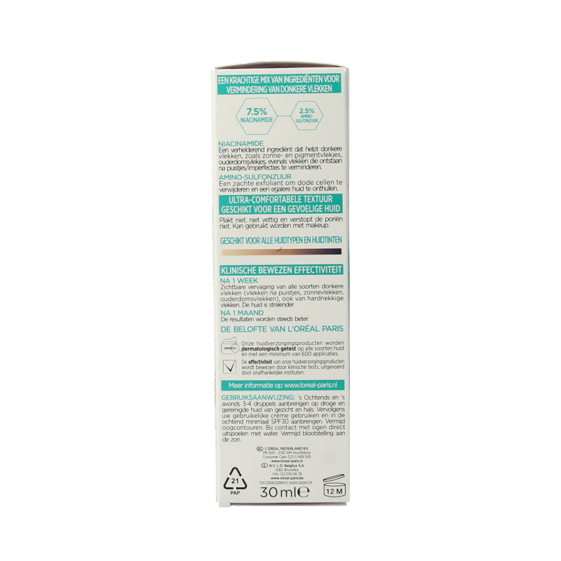 L'Oreal Paris Bright Reveal dark spot serum in 30ml bottle, facial skincare product for brighter, even skin tone.