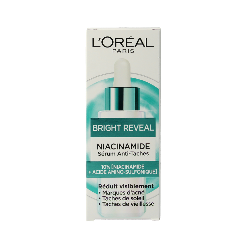 L'Oreal Paris Bright Reveal dark spot serum in 30ml bottle, facial skincare product for brightening and evening skin tone.