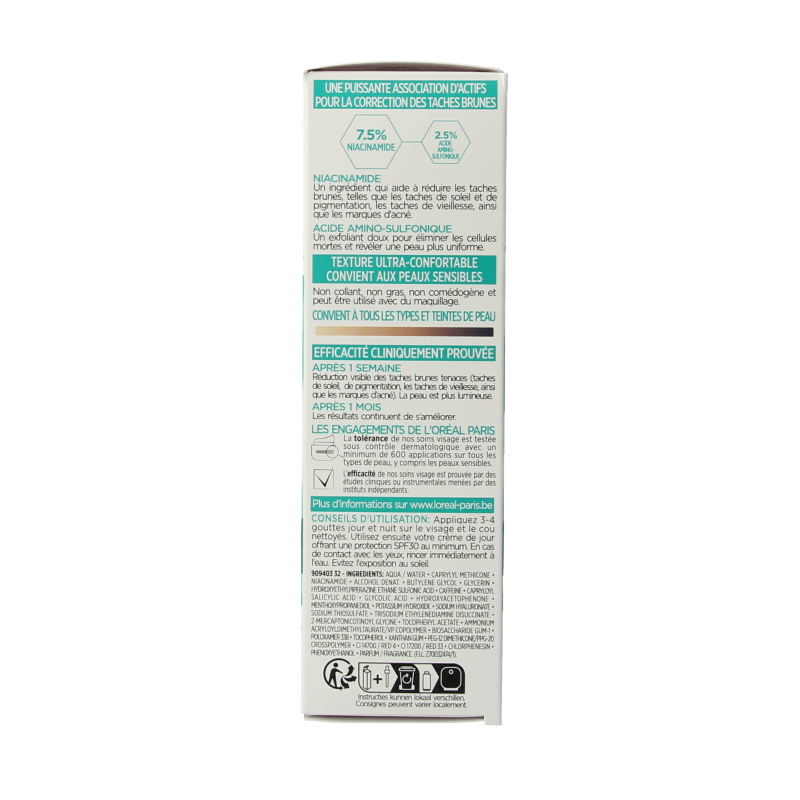 L'Oreal Paris Bright Reveal dark spot serum 30ml bottle, facial skincare product with clear packaging and dropper applicator.