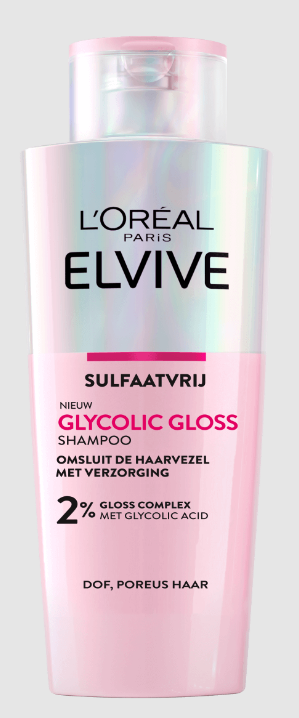 Elvive Glycolic Gloss Shampoo 200ml bottle, nourishing hair care product with a sleek design, for shiny, healthy hair.