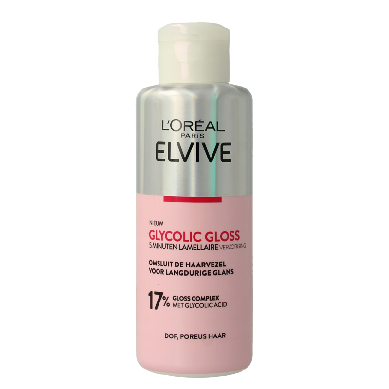 Elvive Glycolic Gloss Injection Haarverzorging treatment in 200ml bottle, shown with applicator and glossy hair.