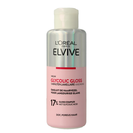 Elvive Glycolic Gloss Injection Haarverzorging treatment in 200ml bottle, shown with applicator and glossy hair.