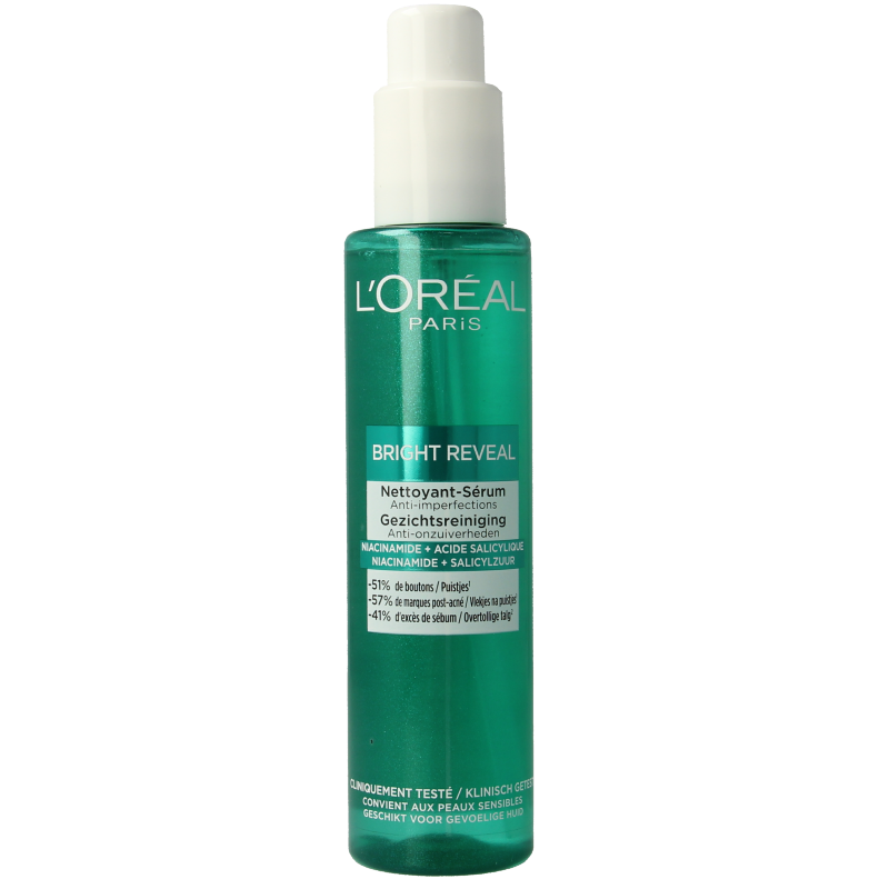 L'Oreal Paris Bright Reveal dark spot treatment in 150ml bottle, facial skincare product with brightening and skin renewal benefits.