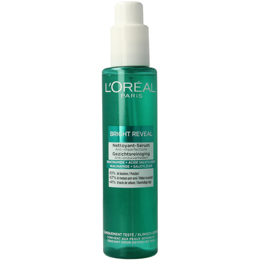 L'Oreal Paris Bright Reveal dark spot treatment in 150ml bottle, facial skincare product with brightening and skin renewal benefits.