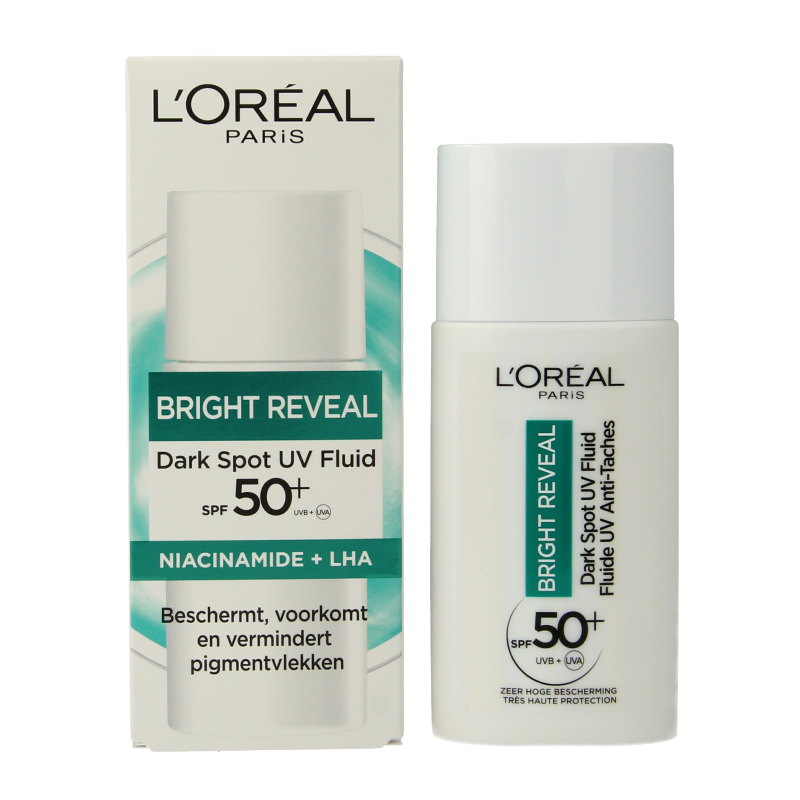 L'Oreal Paris Bright Reveal dark spot UV fluid SPF50+ in a 50ml bottle, facial skincare product with brightening and sun protection features.