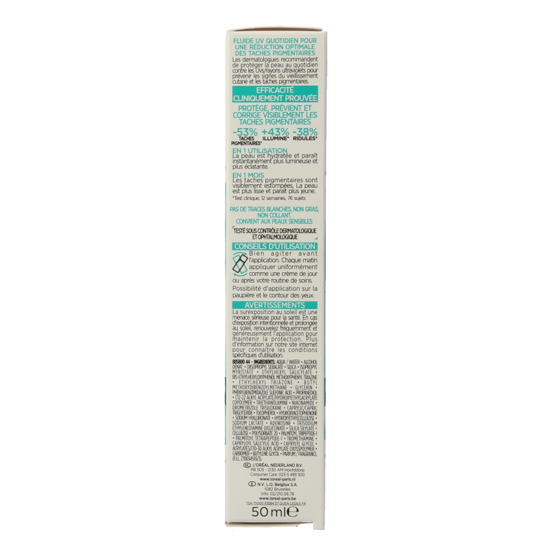 L'Oreal Paris Bright Reveal dark spot UV fluid SPF50+ in 50ml bottle, a facial skincare product with brightening and sun protection.