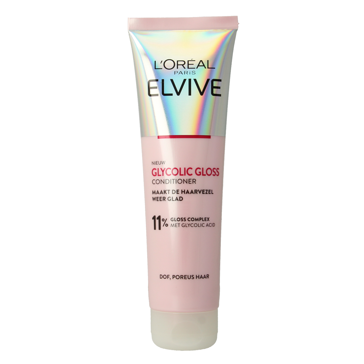 Elvive Glycolic Gloss Conditioner bottle, 150ml, for hair care, with a sleek design and clear label showing product details.