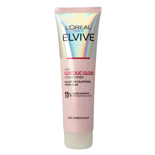 Elvive Glycolic Gloss Conditioner bottle, 150ml, for hair care, with a sleek design and clear label showing product details.