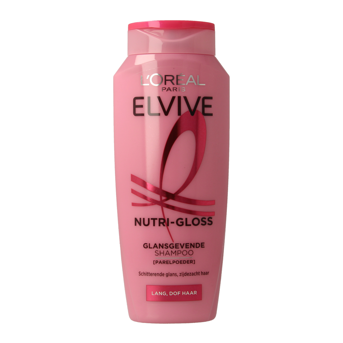 Elvive Nutri Gloss Shampoo bottle, 250ml, for nourishing hair care, with sleek packaging and brand logo visible.