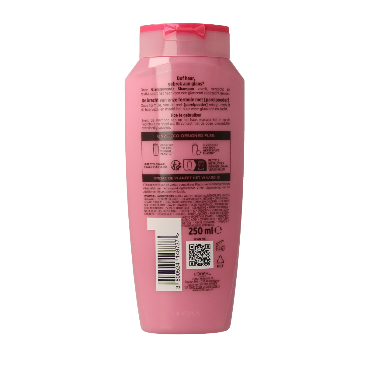 Elvive Nutri Gloss Shampoo 250ml, hair care product with shiny, nourished hair, shown in a clear bottle with label.