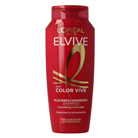 Elvive Color Vive shampoo bottle for hair care, featuring vibrant packaging and 250 milligrams of nourishing formula.