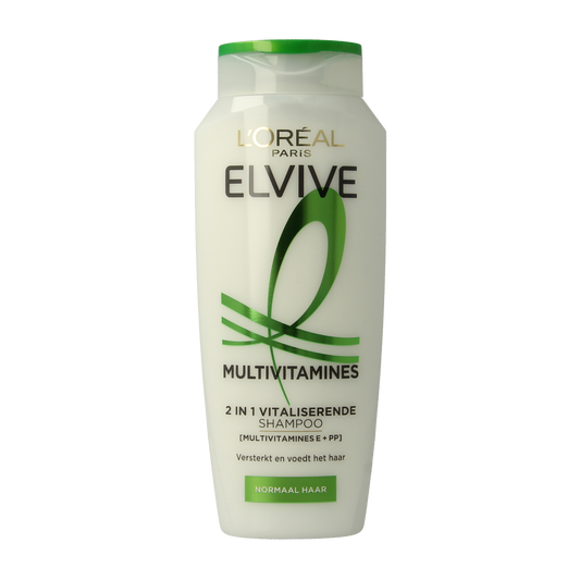 Elvive multivitamin 2-in-1 shampoo for hair care, 250ml bottle, with visible label and colorful packaging.