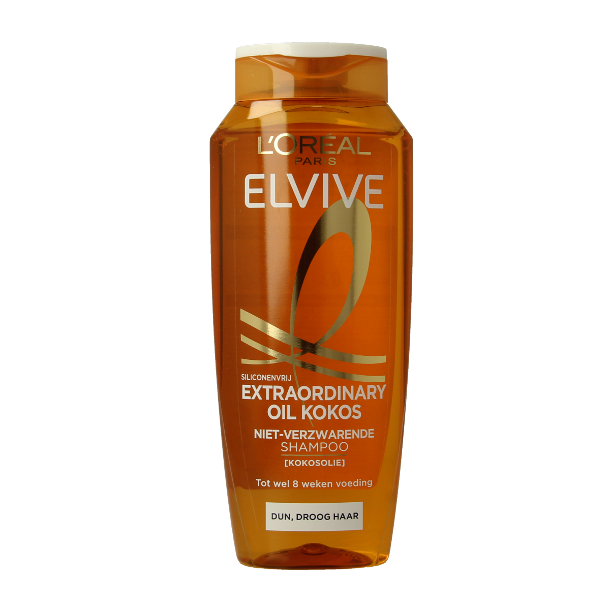 Elvive Extra Ordinary Oil Kokos shampoo bottle, 250ml, for hair care with coconut oil, in a sleek white and blue packaging.