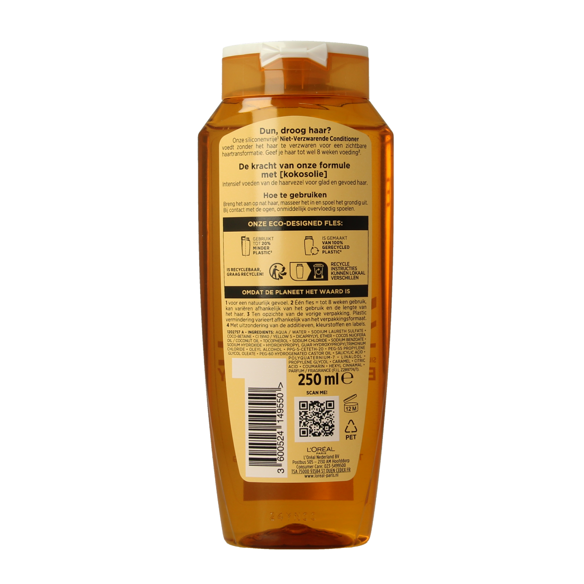 Elvive Extra Ordinary Oil Kokos shampoo bottle, 250ml, for nourishing hair care, with coconut oil suitable for all hair types.