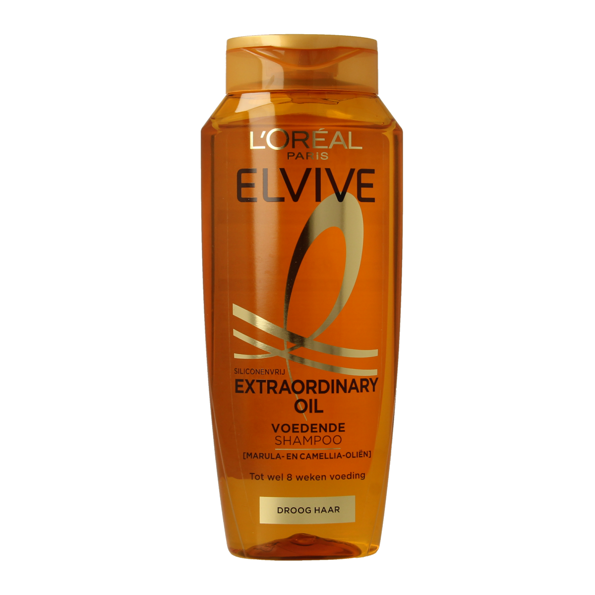 Elvive Extra Oil shampoo bottle for dry hair, 250ml, in a sleek white and gold packaging, shown from a front view.