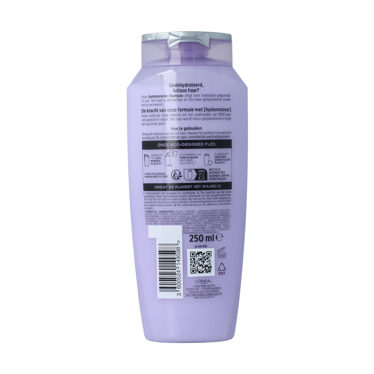 Elvive Hydra Hyaluronic Shampoo bottle, 250ml, for nourishing hair care with hydrating hyaluronic acid.