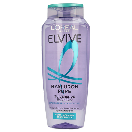 Elvive Hyaluron Pure Shampoo bottle, 250ml, for hair care, with a clean, clear design and a white cap.