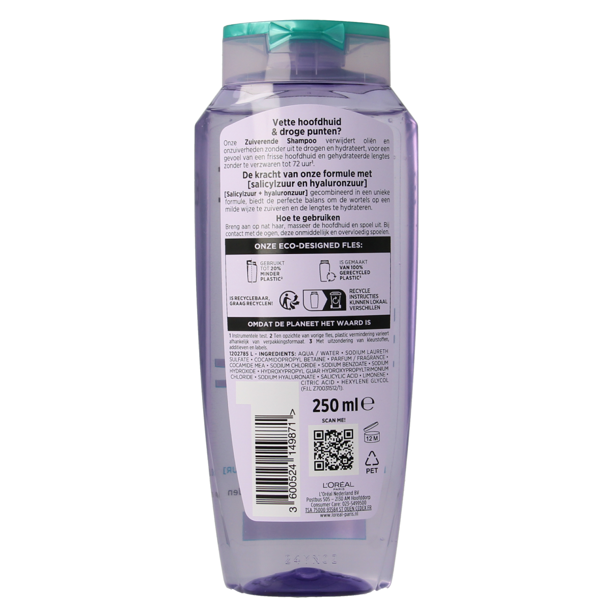 Elvive Hyaluron Pure shampoo for hair care, 250ml bottle with clear label, shown in a natural hair care setting.