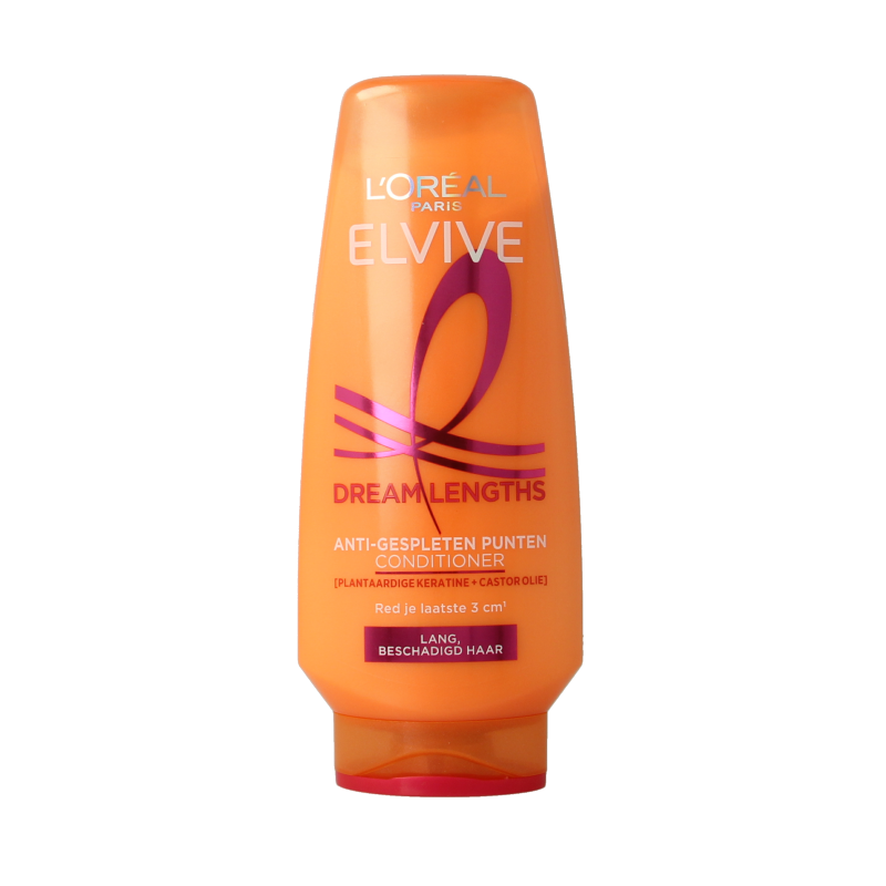 Elvive Dream Lengths conditioner for hair care, 200ml bottle, with creamy texture and label showing brand and product details.