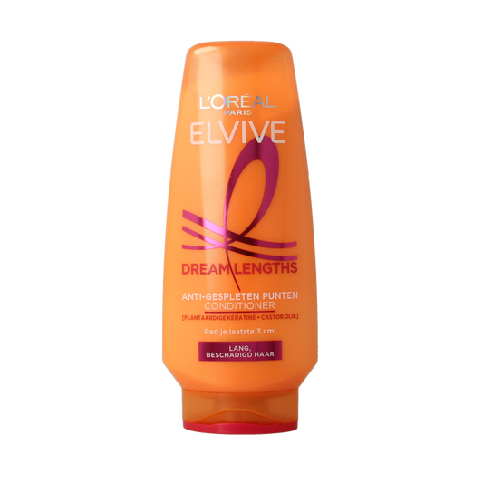 Elvive Dream Lengths conditioner for hair care, 200ml bottle, with creamy texture and label showing brand and product details.
