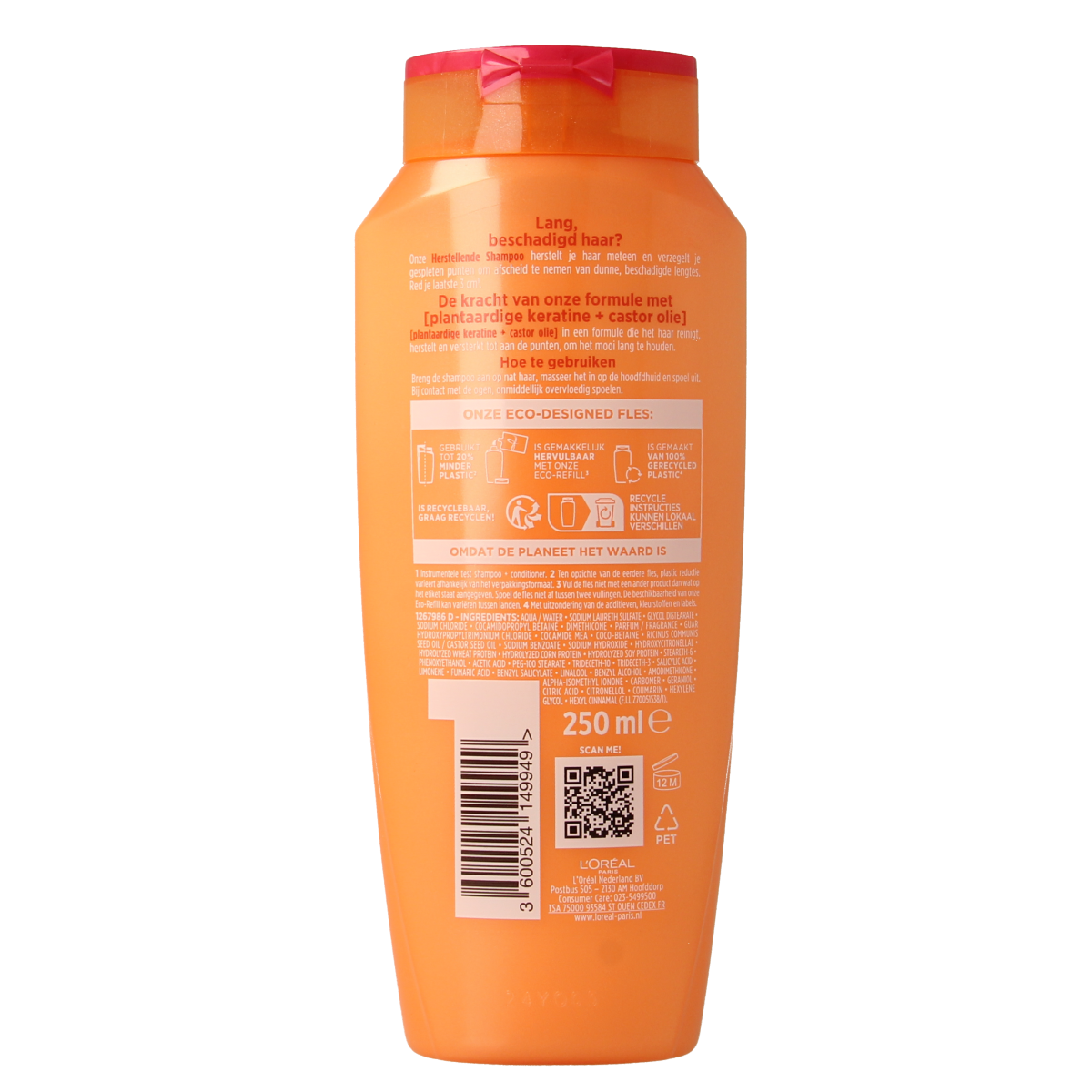 Elvive Dream Lengths shampoo bottle, 250ml, for hair care, with a sleek design and white and purple packaging.