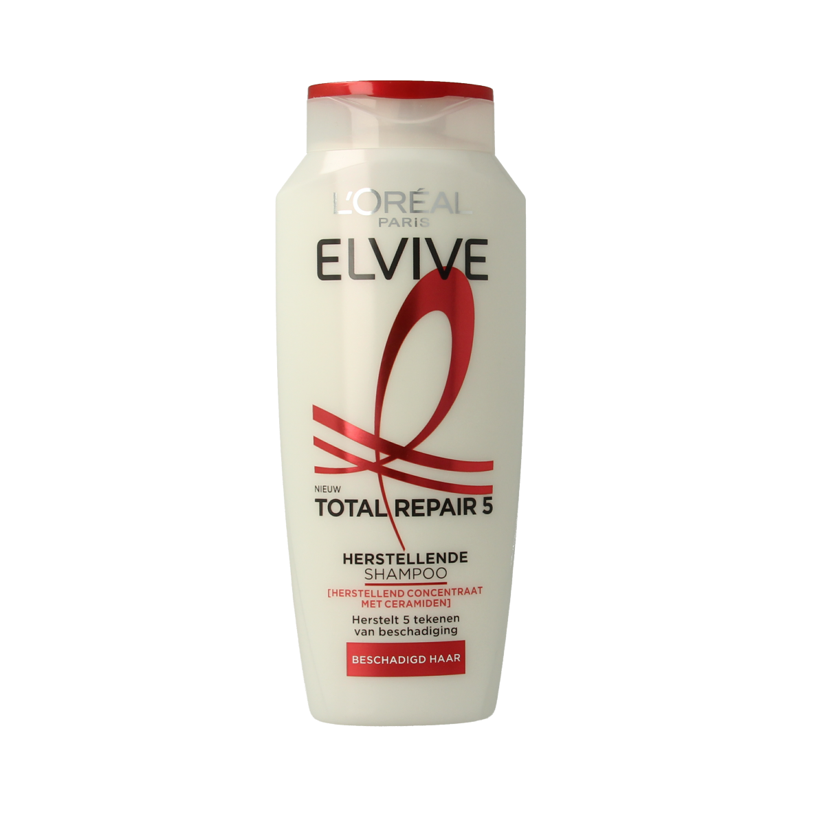 Elvive Total Repair shampoo bottle, 250ml, for damaged hair, with nourishing hair care formula in a sleek plastic bottle.