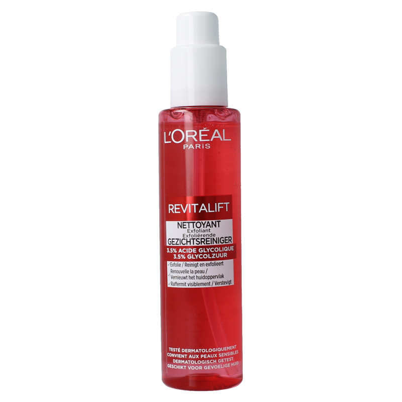 L'Oreal Paris Revitalift Glycolic Cleanser in 150ml bottle, facial skincare product with a white and purple packaging.
