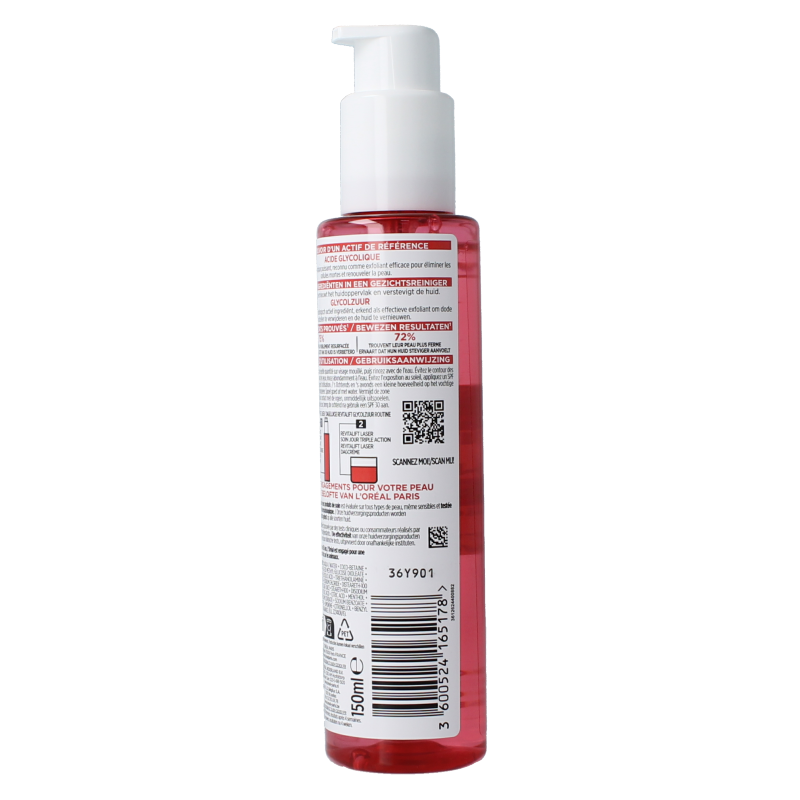 L'Oreal Paris Revitalift glycolic cleanser in 150ml bottle for facial skincare, featuring a clear liquid cleanser with a white cap.