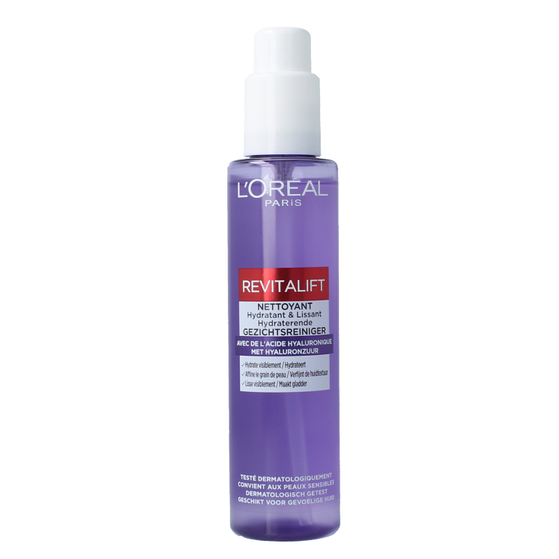 L'Oreal Paris Revitalift hyaluronzuur facial cleanser in 150ml bottle, hydrating skincare product for clean, refreshed skin.