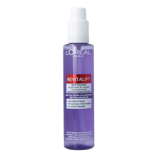 L'Oreal Paris Revitalift hyaluronzuur facial cleanser in 150ml bottle, hydrating skincare product for clean, refreshed skin.