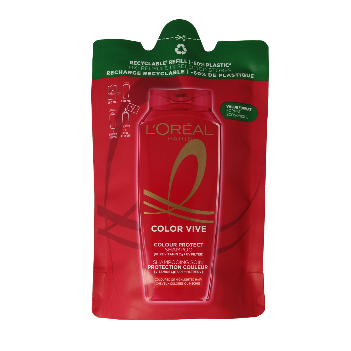 Elvive Color Vive shampoo refill pack, 250ml, for vibrant hair color and hair care, in a sleek refill container.